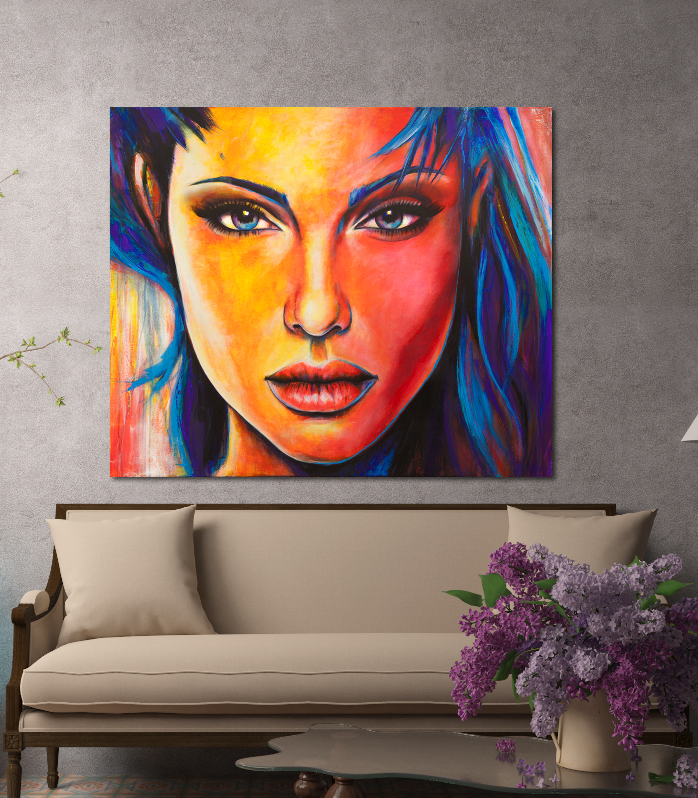 Angelina Jolie pop art painting, celebrity portrait, woman painting,  popular culture, cinema, icon, fashion, luxury, Luis Vuitton, bright juicy  colours, acrylic, watercolor, marker, collage , large canvas, bedroom art,  living room, office