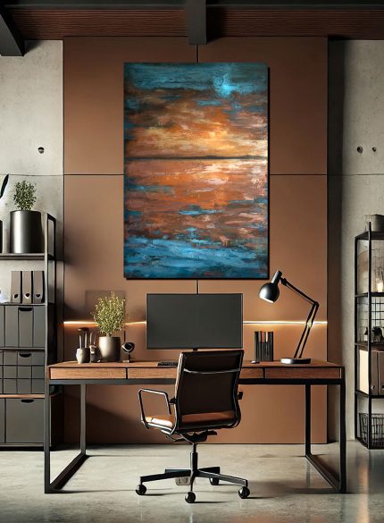 Textured Abstract Ocean Painting – Blue and Gold Modern Canvas Art