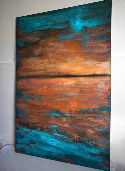 Textured Abstract Ocean Painting – Blue and Gold Modern Canvas Art