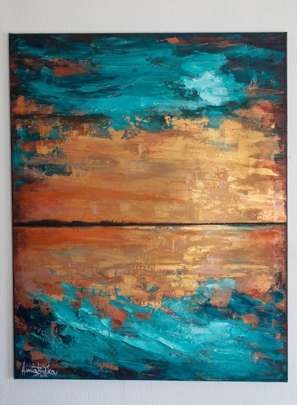 Textured Abstract Ocean Painting – Blue and Gold Modern Canvas Art