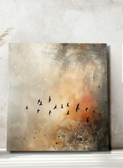 Birds Fly Abstract Landscape Oil Painting | Beige & Bronze Wall Art