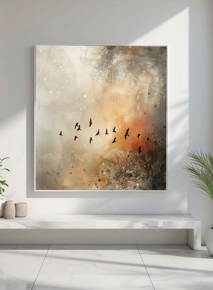 Birds Fly Abstract Landscape Oil Painting | Beige & Bronze Wall Art