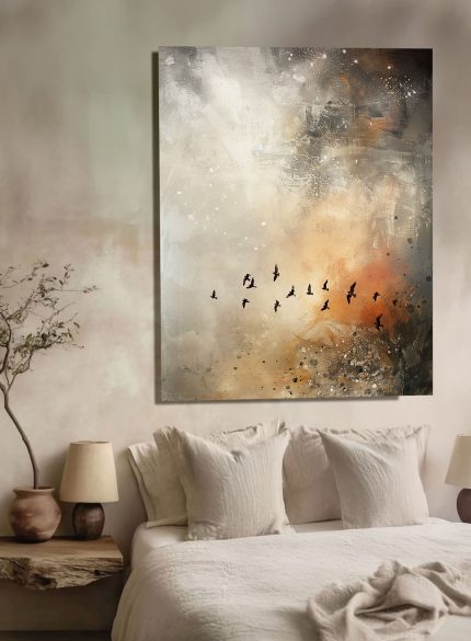 Birds Fly Abstract Landscape Oil Painting | Beige & Bronze Wall Art