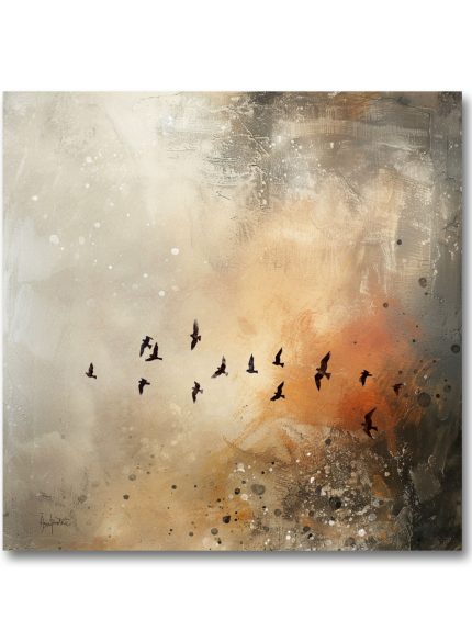 Birds Fly Abstract Landscape Oil Painting | Beige & Bronze Wall Art