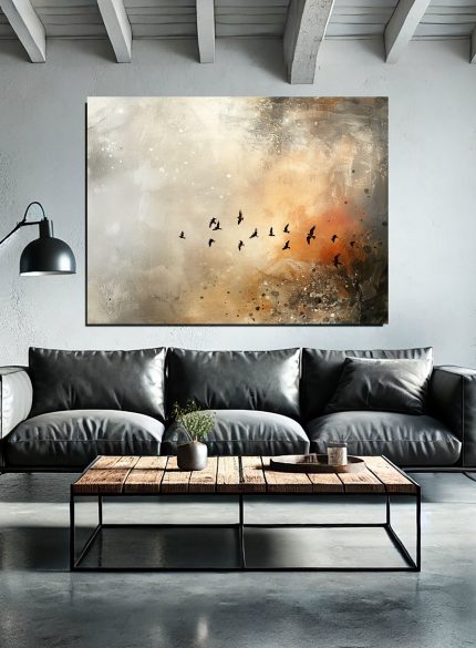 Birds Fly Abstract Landscape Oil Painting | Beige & Bronze Wall Art