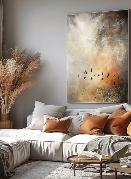Birds Fly Abstract Landscape Oil Painting | Beige & Bronze Wall Art