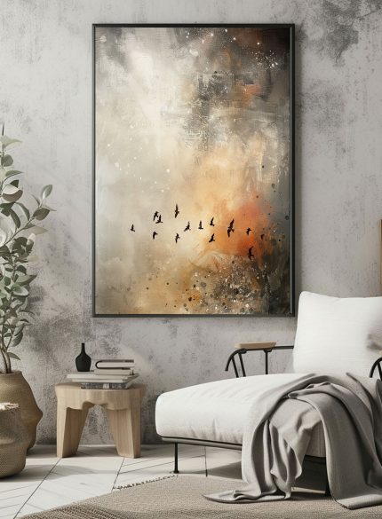 Birds Fly Abstract Landscape Oil Painting | Beige & Bronze Wall Art