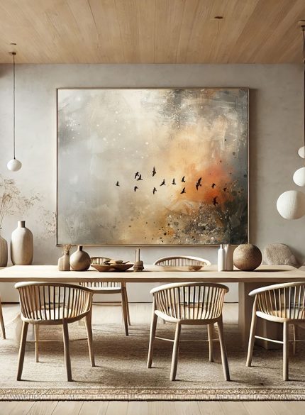 Birds Fly Abstract Landscape Oil Painting | Beige & Bronze Wall Art