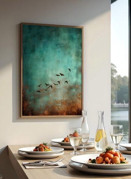 Birds in Flight Abstract Painting | Green Landscape Canvas