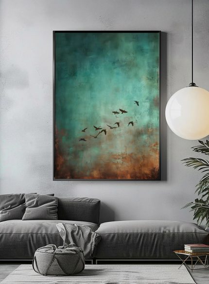 Birds in Flight Abstract Painting | Green Landscape Canvas