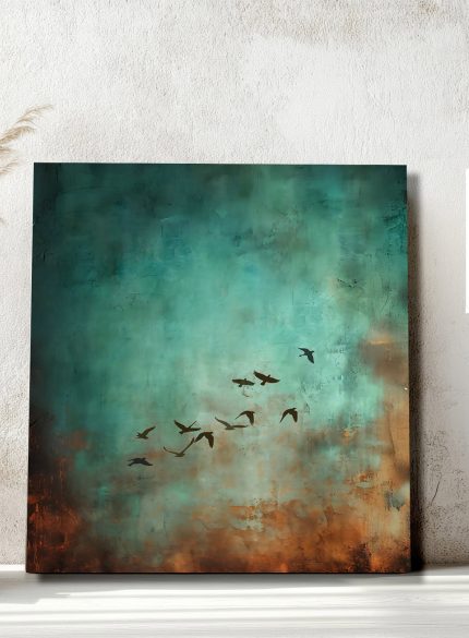 Birds in Flight Abstract Painting | Green Landscape Canvas
