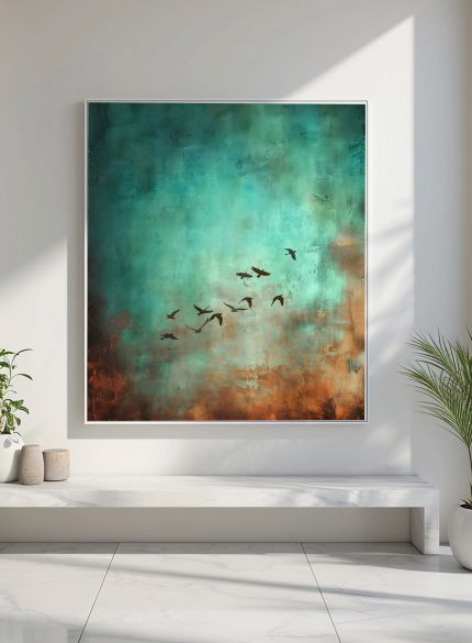Birds in Flight Abstract Painting | Green Landscape Canvas