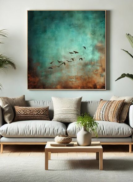 Birds in Flight Abstract Painting | Green Landscape Canvas