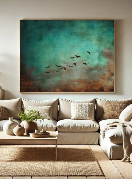 Birds in Flight Abstract Painting | Green Landscape Canvas