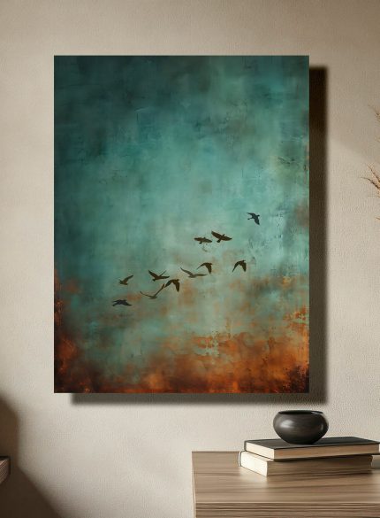Birds in Flight Abstract Painting | Green Landscape Canvas
