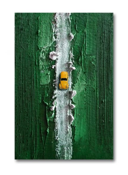 Green 3D Textured Wall Art with Car Motif | Abstract Mixed-Media Sculpture Painting