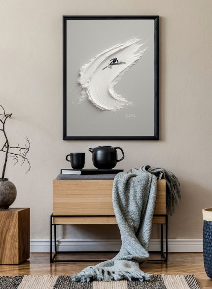 Skier Painting 3D Textured Snow | Minimalist White Wall Art