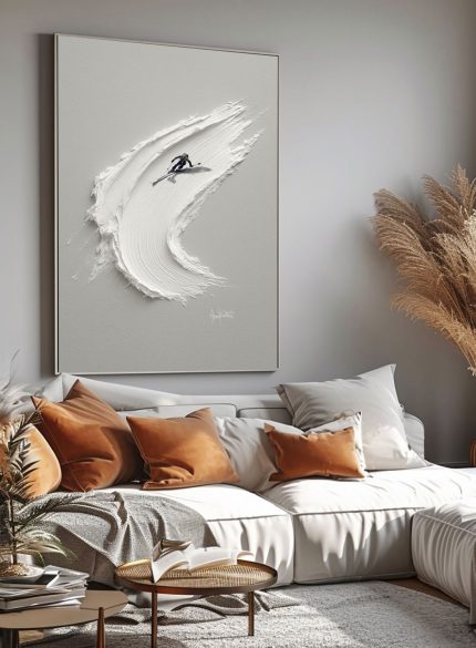 Skier Painting 3D Textured Snow | Minimalist White Wall Art