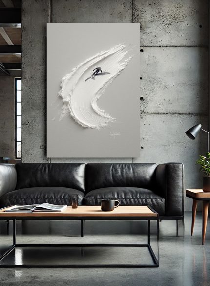 Skier Painting 3D Textured Snow | Minimalist White Wall Art