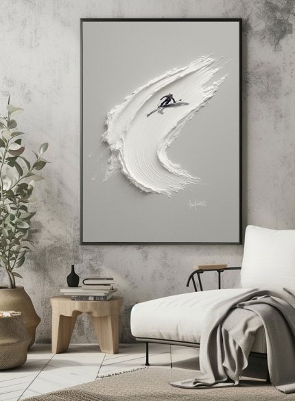 Skier Painting 3D Textured Snow | Minimalist White Wall Art