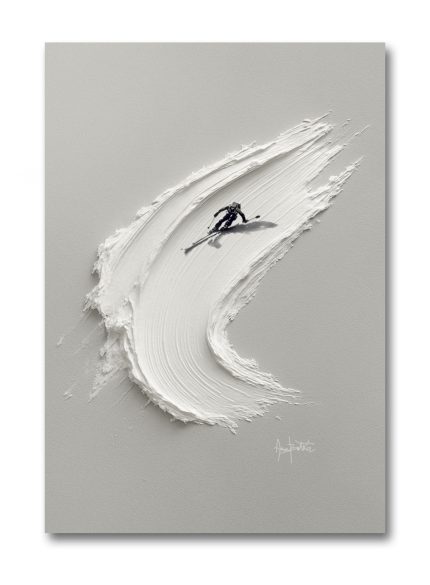 Skier Painting 3D Textured Snow | Minimalist White Wall Art