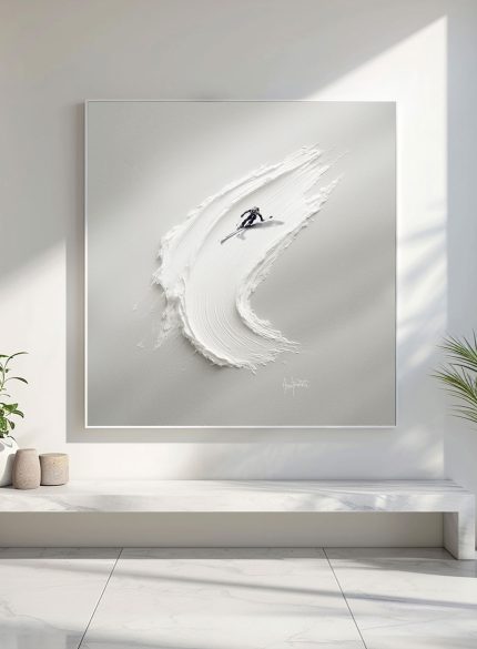 Skier Painting 3D Textured Snow | Minimalist White Wall Art