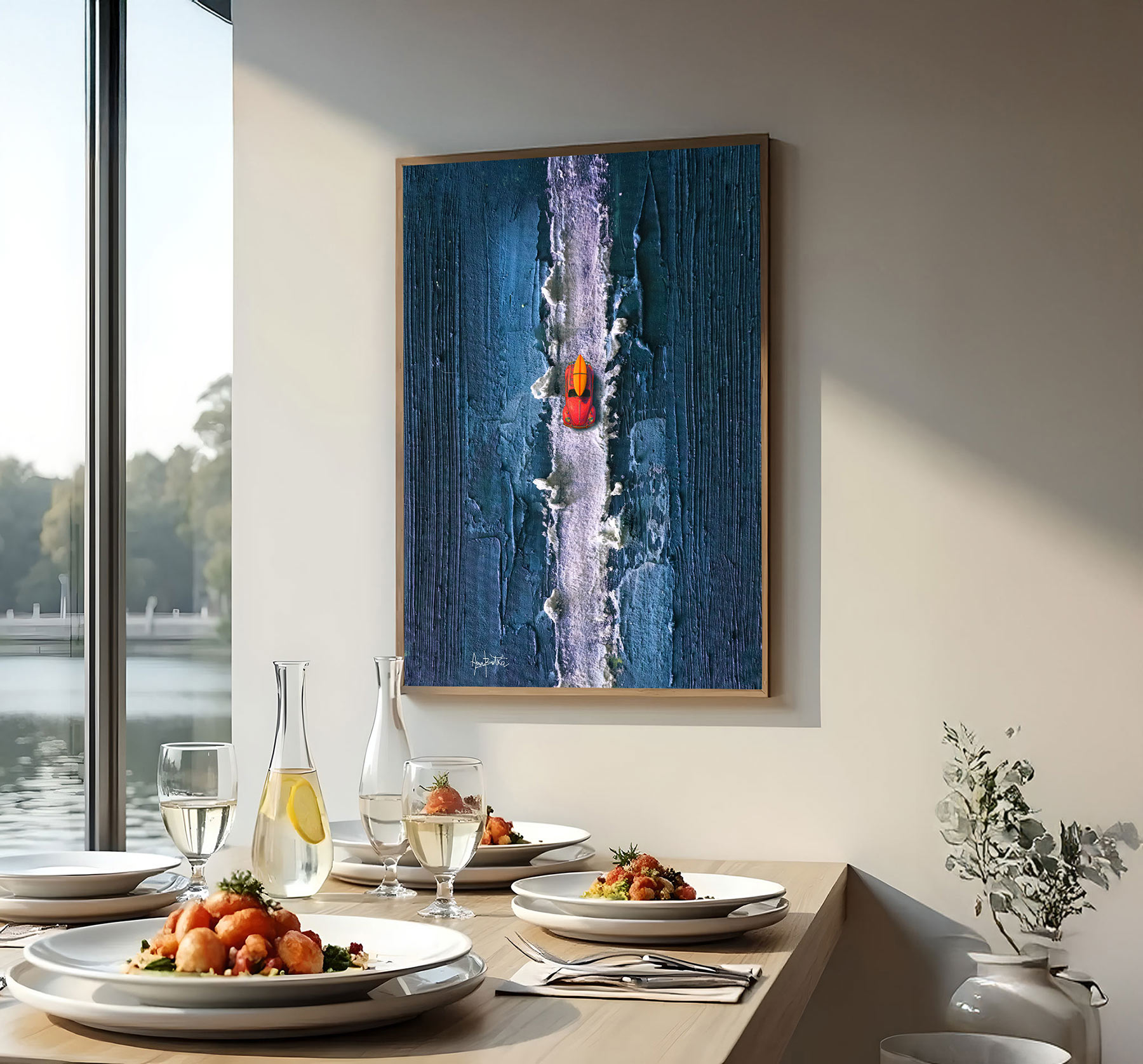 The painting depicts a car from an aerial perspective. It depicts a pink Volkswagen Beetle against a blue, textured background. The painting is painted with acrylics and dense textures.