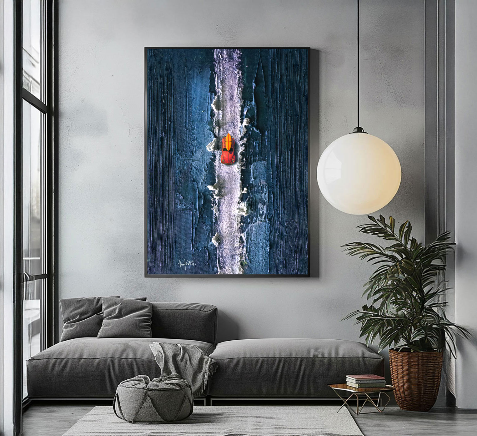 The painting depicts a car from an aerial perspective. It depicts a pink Volkswagen Beetle against a blue, textured background. The painting is painted with acrylics and dense textures.