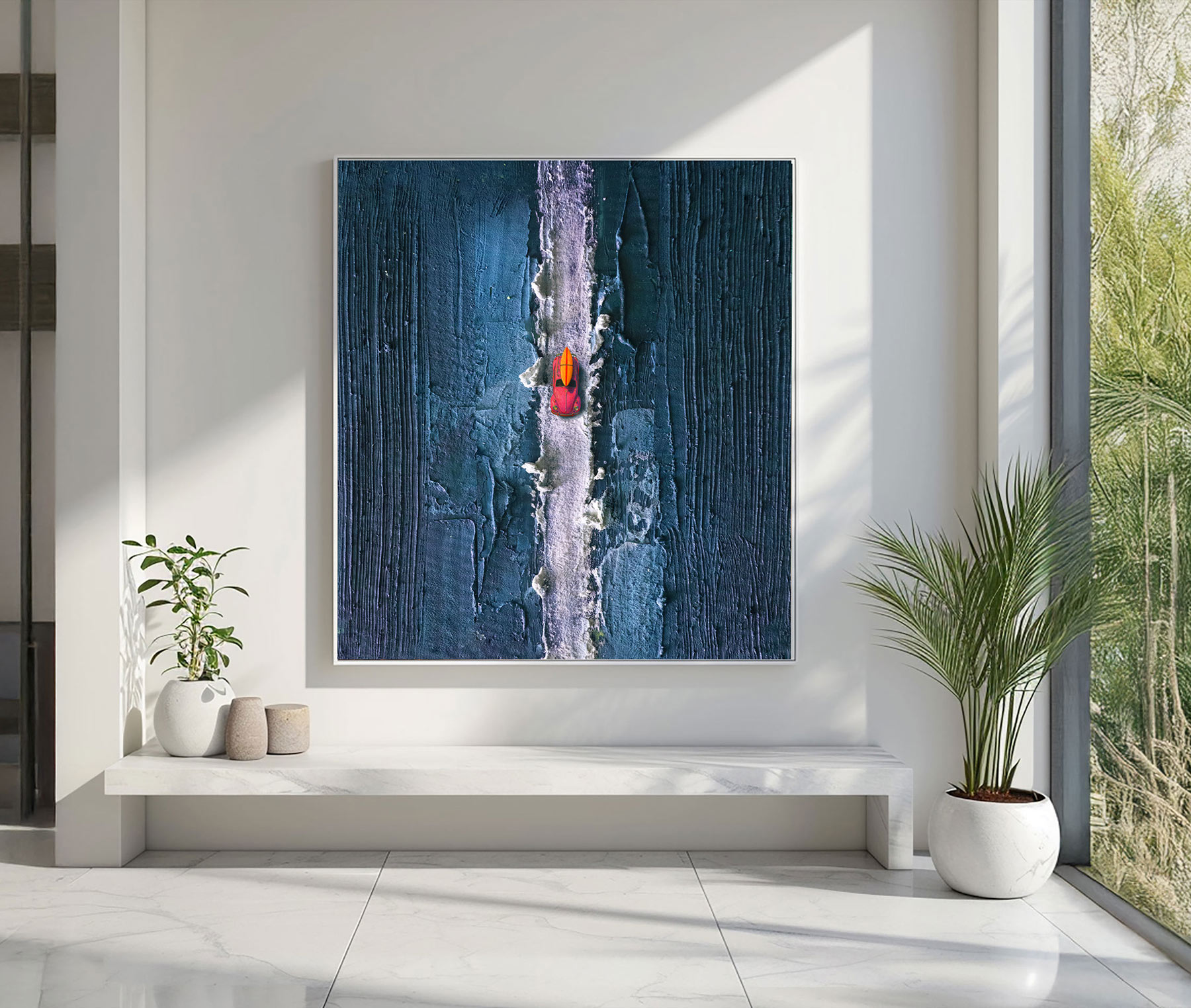 The painting depicts a car from an aerial perspective. It depicts a pink Volkswagen Beetle against a blue, textured background. The painting is painted with acrylics and dense textures.