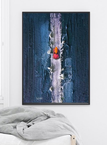 The painting depicts a car from an aerial perspective. It depicts a pink Volkswagen Beetle against a blue, textured background. The painting is painted with acrylics and dense textures.