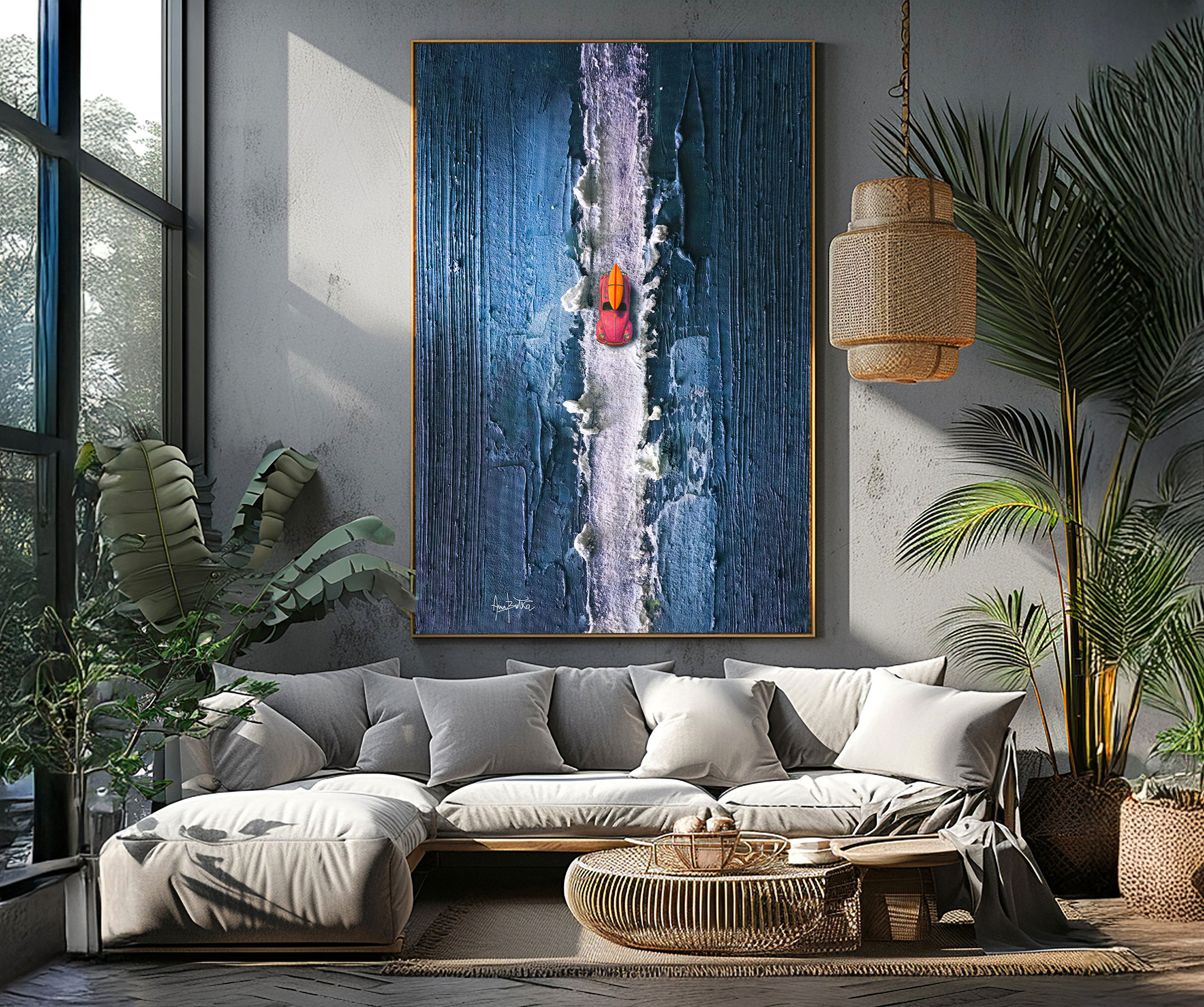 The painting depicts a car from an aerial perspective. It depicts a pink Volkswagen Beetle against a blue, textured background. The painting is painted with acrylics and dense textures.