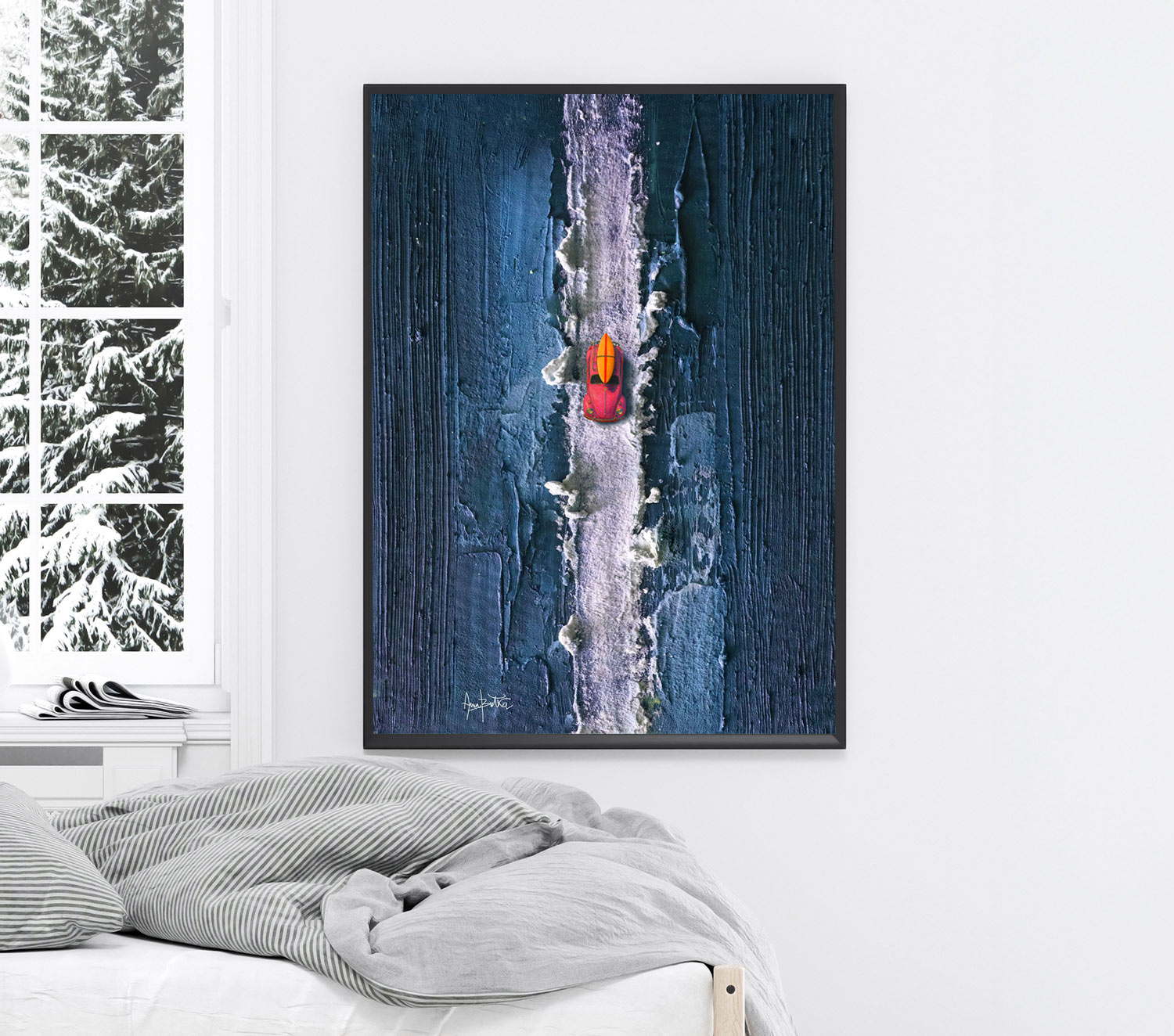 The painting depicts a car from an aerial perspective. It depicts a pink Volkswagen Beetle against a blue, textured background. The painting is painted with acrylics and dense textures.