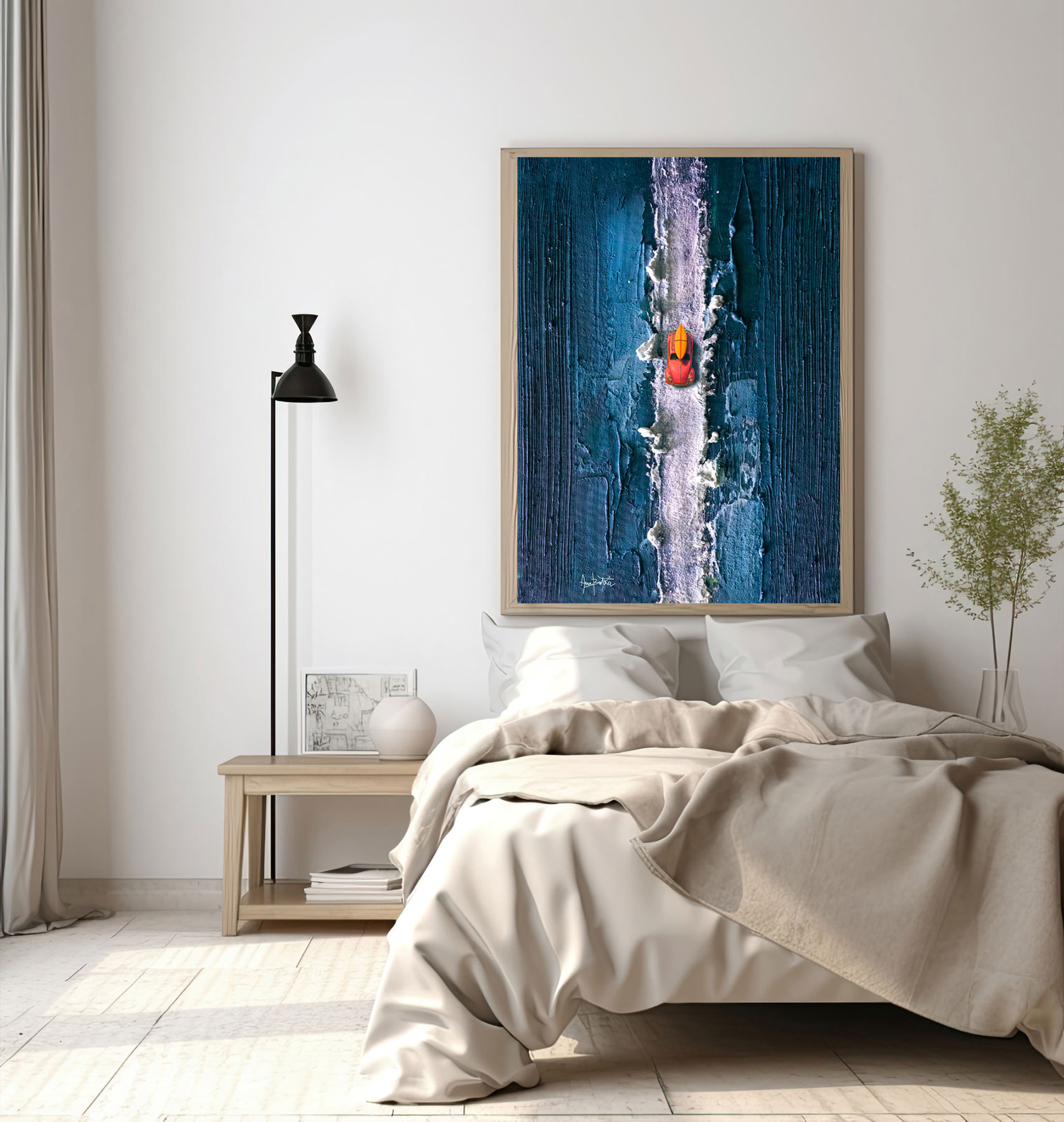 The painting depicts a car from an aerial perspective. It depicts a pink Volkswagen Beetle against a blue, textured background. The painting is painted with acrylics and dense textures.