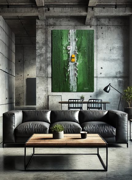 Green 3D Textured Wall Art with Car Motif | Abstract Mixed-Media Sculpture Painting