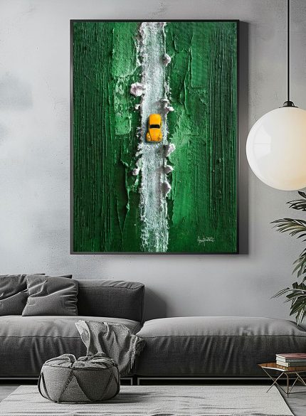 The painting depicts a car from an aerial perspective. It depicts a Yellow Volkswagen Beetle against a green, textured background. The painting is painted with acrylics and dense textures.