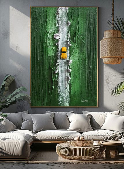 Green 3D Textured Wall Art with Car Motif | Abstract Mixed-Media Sculpture Painting