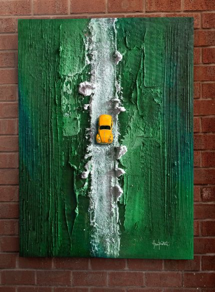 Green 3D Textured Wall Art with Car Motif | Abstract Mixed-Media Sculpture Painting