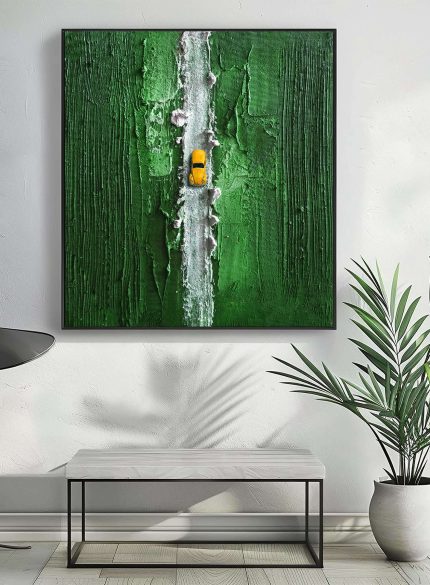 Green 3D Textured Wall Art with Car Motif | Abstract Mixed-Media Sculpture Painting