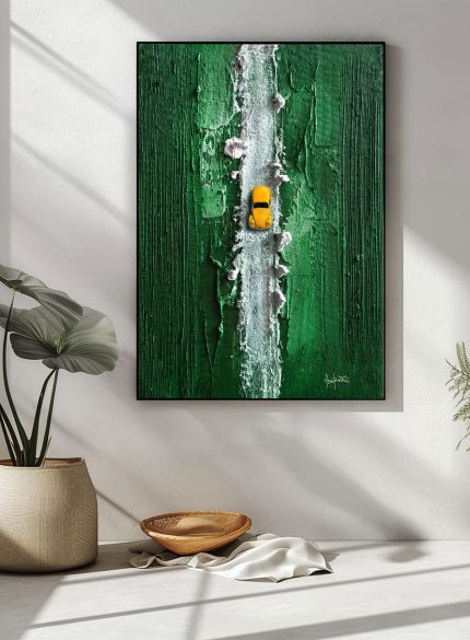 Green 3D Textured Wall Art with Car Motif | Abstract Mixed-Media Sculpture Painting