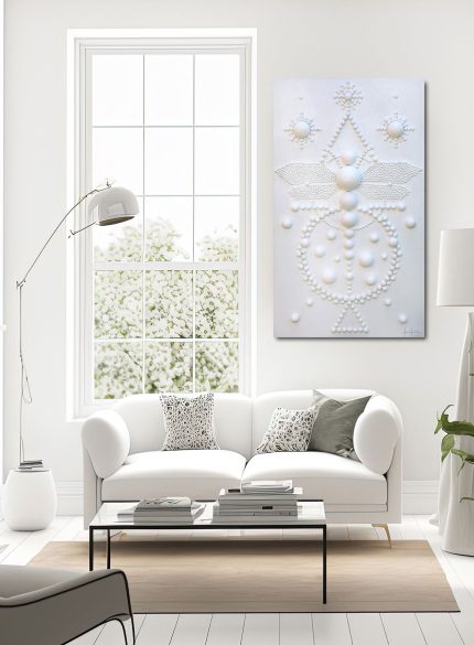 White 3D Textured Wall Sculpture Painting | Minimalist Dragonfly Abstract Art