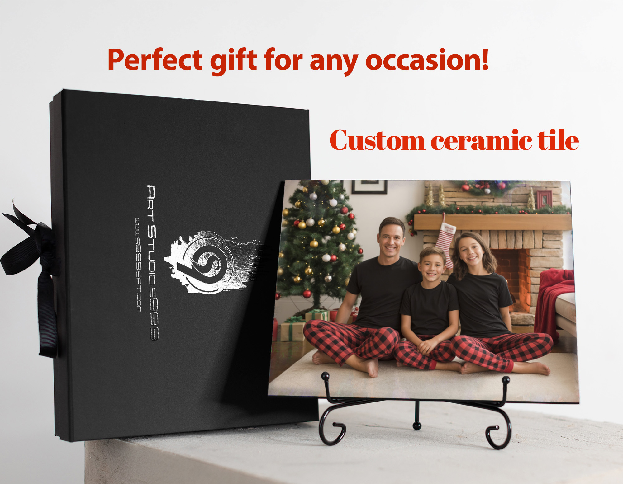 Personalised Ceramic Photo Tile – Luxury Gift in Elegant Black Presentation Box + Metal Stand & Certificate