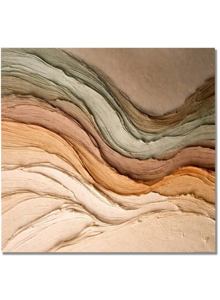 3D textured earth tone wall art with sculptural landscape waves in beige brown and olive green plaster relief
