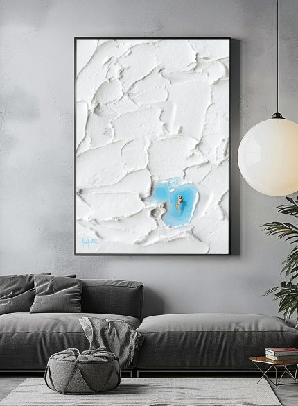 White Textured Wall Art with Swimming Woman | Minimalist Plaster Relief Sculpture