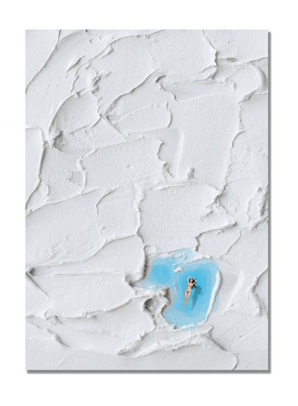 Modern white plaster textured wall art with swimming woman in blue pool minimalist relief painting