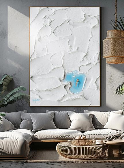 White Textured Wall Art with Swimming Woman | Minimalist Plaster Relief Sculpture