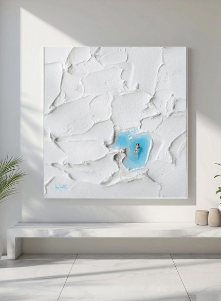 White Textured Wall Art with Swimming Woman | Minimalist Plaster Relief Sculpture