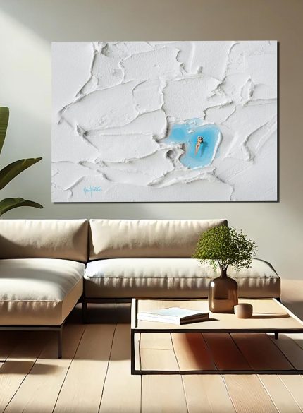 White Textured Wall Art with Swimming Woman | Minimalist Plaster Relief Sculpture