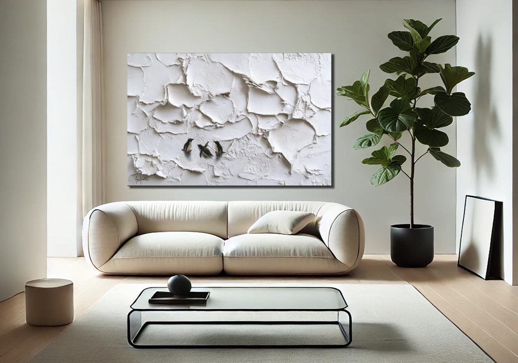 Penguins White abstract textured artwork by artist Anna Marija Bulka. Modelling paste plaster Modern living room